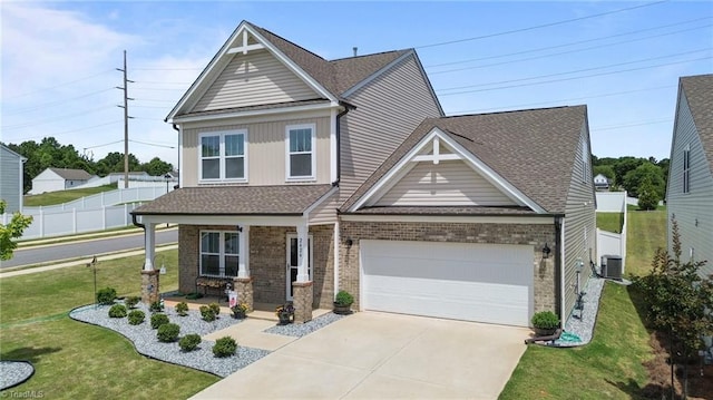 view of front of property featuring brick siding, concrete driveway, central AC unit, covered porch, and a shingled roof