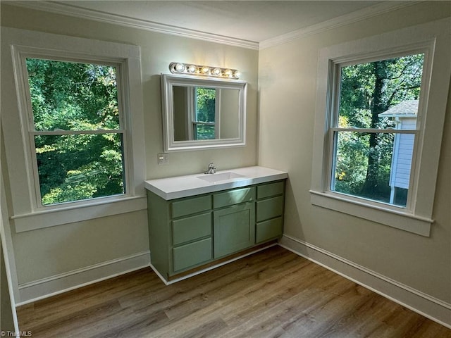 bathroom featuring wood-type flooring, vanity, and crown molding