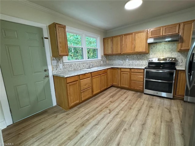 kitchen featuring light wood-type flooring, decorative backsplash, and stainless steel electric stove