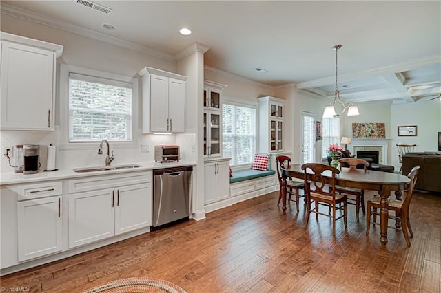 4240 Prestwick Xing, Winston-Salem, NC 27106 - kitchen with dishwasher, a sink, light wood-style floors, white cabinets, and recessed lighting