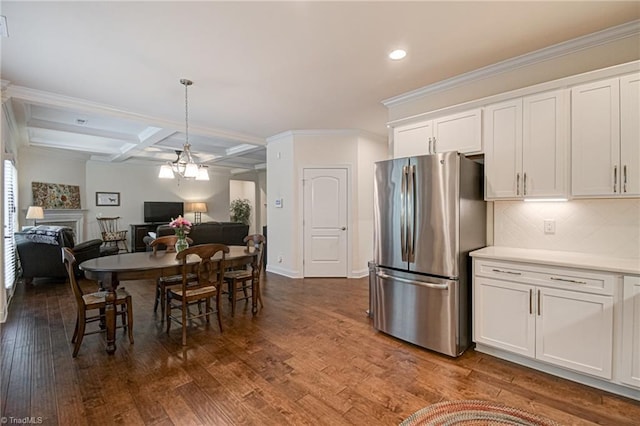 4240 Prestwick Xing, Winston-Salem, NC 27106 - dining room featuring coffered ceiling, dark wood-type flooring, recessed lighting, beam ceiling, and baseboards