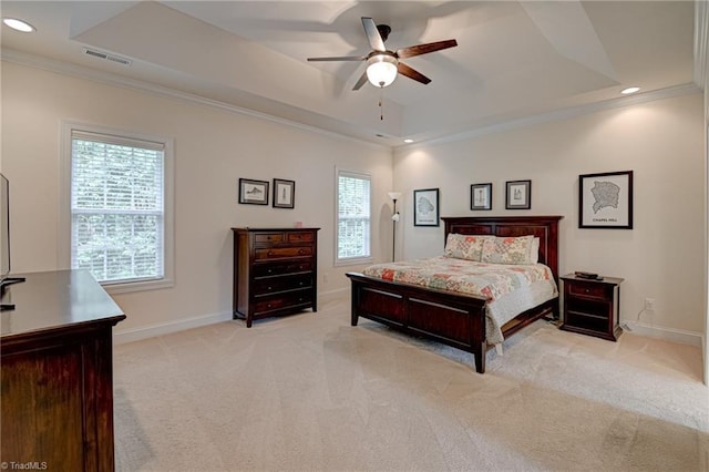 4240 Prestwick Xing, Winston-Salem, NC 27106 - bedroom featuring a tray ceiling, ornamental molding, light colored carpet, baseboards, and recessed lighting