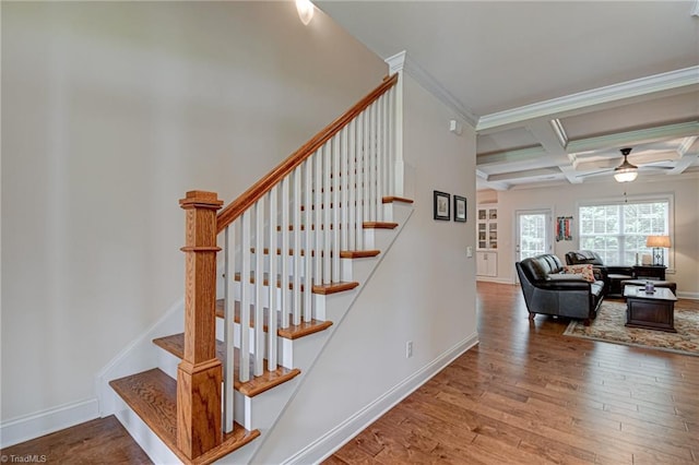 4240 Prestwick Xing, Winston-Salem, NC 27106 - staircase featuring wood finished floors, coffered ceiling, a ceiling fan, beam ceiling, and baseboards