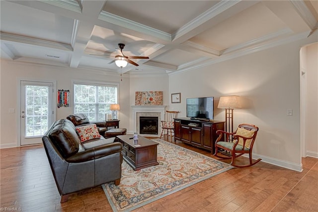4240 Prestwick Xing, Winston-Salem, NC 27106 - living area with beam ceiling, light wood finished floors, coffered ceiling, baseboards, and ceiling fan