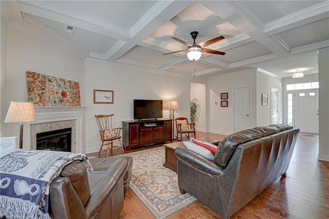 4240 Prestwick Xing, Winston-Salem, NC 27106 - living area with a ceiling fan, beamed ceiling, coffered ceiling, crown molding, and baseboards