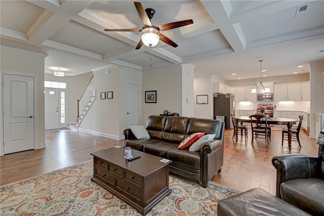 4240 Prestwick Xing, Winston-Salem, NC 27106 - living area featuring coffered ceiling, light wood-type flooring, ceiling fan, recessed lighting, and stairway