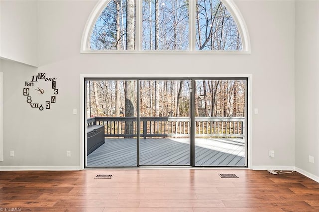 entryway with a high ceiling, wood finished floors, and a wealth of natural light