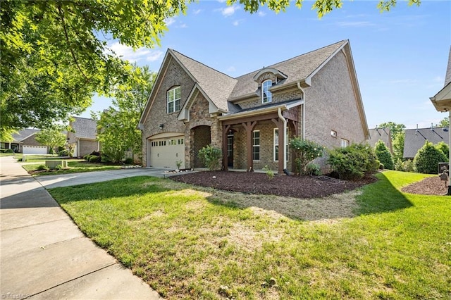 view of front facade featuring a garage, a front yard, brick siding, a shingled roof, and driveway