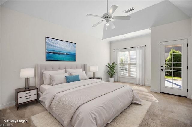 bedroom featuring access to outside, light carpet, baseboards, lofted ceiling, and visible vents