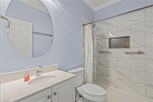 bathroom featuring toilet, vanity, a shower with shower curtain, and ornamental molding