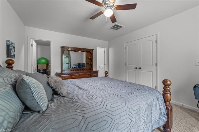 203 Cross Country Chase, Stokesdale, NC 27357 - bedroom featuring ceiling fan, visible vents, carpet floors, baseboards, and a closet