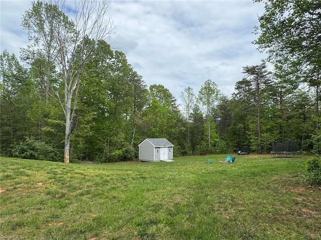 view of yard featuring a trampoline, a storage unit, a view of trees, and an outdoor structure