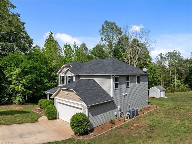 203 Cross Country Chase, Stokesdale, NC 27357 - view of property exterior featuring a shingled roof, an attached garage, central AC unit, a yard, and driveway