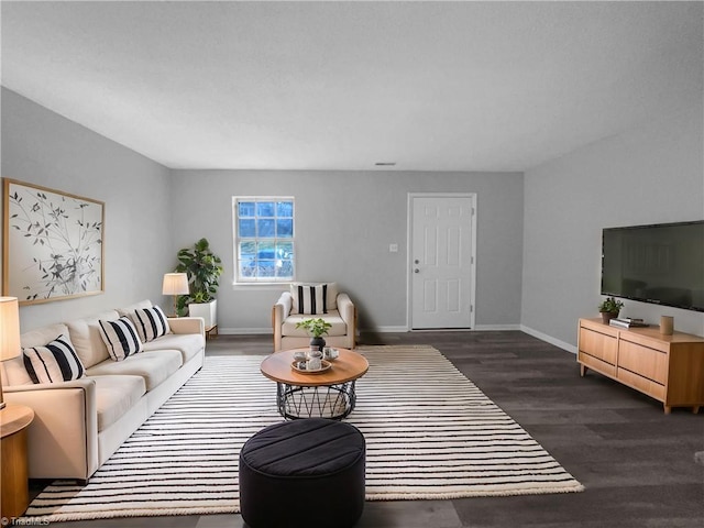 living room with dark hardwood / wood-style floors