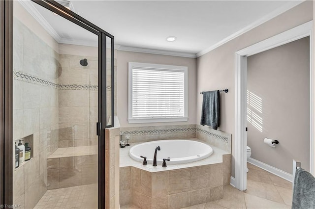 bathroom featuring toilet, tile patterned floors, independent shower and bath, and crown molding