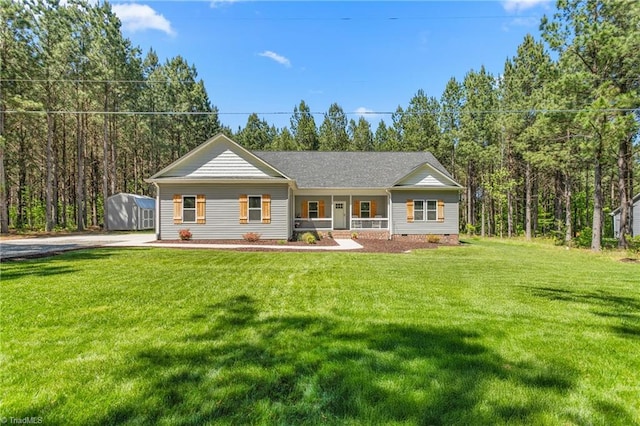 view of front of home with a porch, crawl space, and a front yard