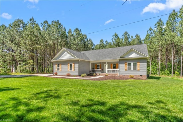ranch-style home with a front yard, crawl space, and covered porch