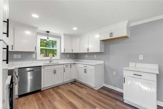 5403 Southmont Dr, Julian, NC 27283 - kitchen featuring stainless steel dishwasher, white cabinets, ornamental molding, light stone countertops, and dark wood-style floors