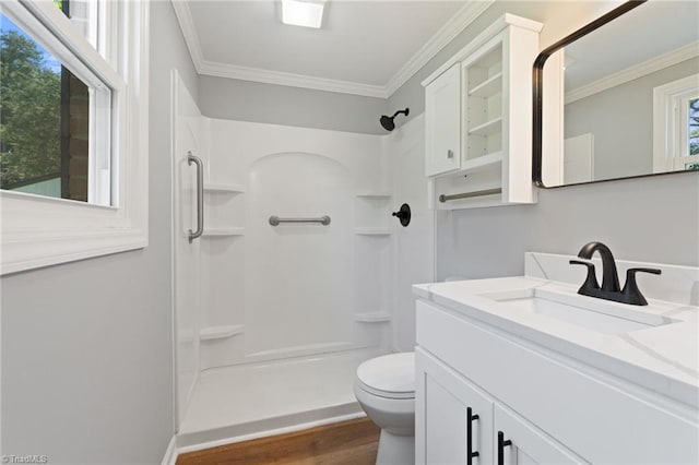 5403 Southmont Dr, Julian, NC 27283 - full bathroom with vanity, a shower, crown molding, and wood finished floors