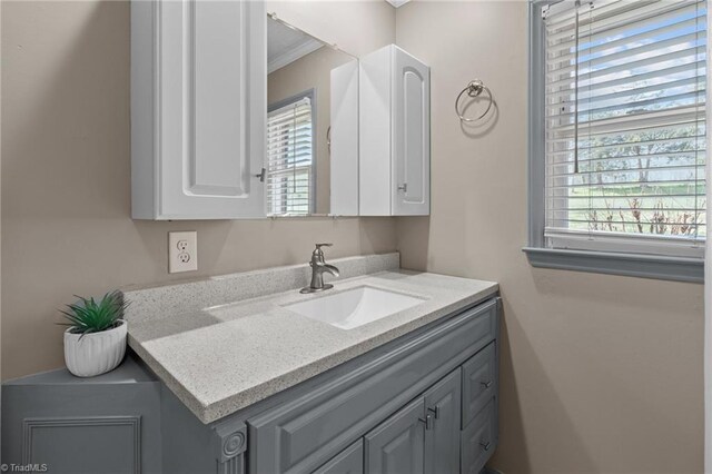 bathroom with crown molding and vanity
