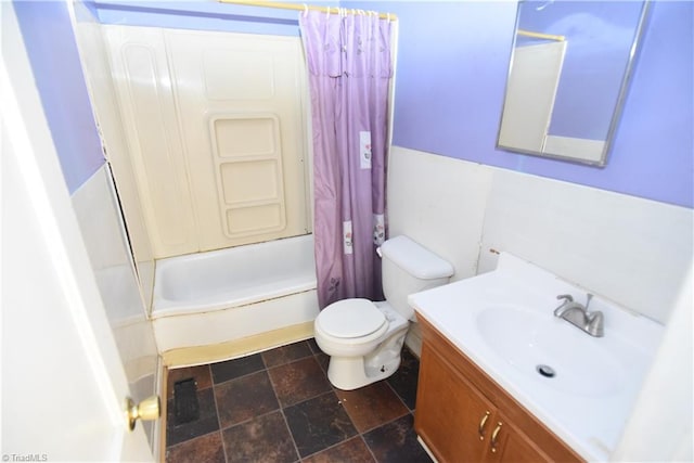 full bathroom with vanity, toilet, and shower / bath combination with curtain