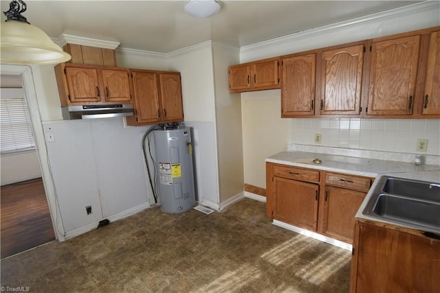 kitchen featuring sink, ornamental molding, range hood, water heater, and decorative backsplash