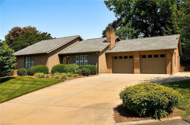 211 Chadbourne Dr, Winston-Salem, NC 27104 - ranch-style house featuring an attached garage, a chimney, and brick siding
