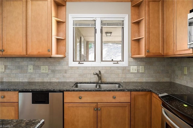 211 Chadbourne Dr, Winston-Salem, NC 27104 - kitchen with open shelves, stainless steel appliances, brown cabinetry, decorative backsplash, and dark stone counters