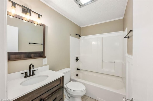 225 E Greencrest Dr, Millers Creek, NC 28651 - full bath featuring toilet, shower / washtub combination, vanity, a textured ceiling, and crown molding