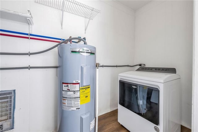 225 E Greencrest Dr, Millers Creek, NC 28651 - laundry area with washer / clothes dryer, water heater, and wood finished floors