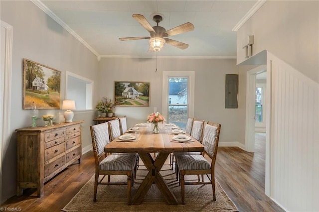 dining area featuring ceiling fan, dark wood-style flooring, electric panel, and crown molding