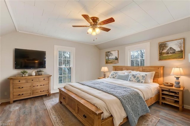 bedroom featuring wood finished floors, vaulted ceiling, and multiple windows