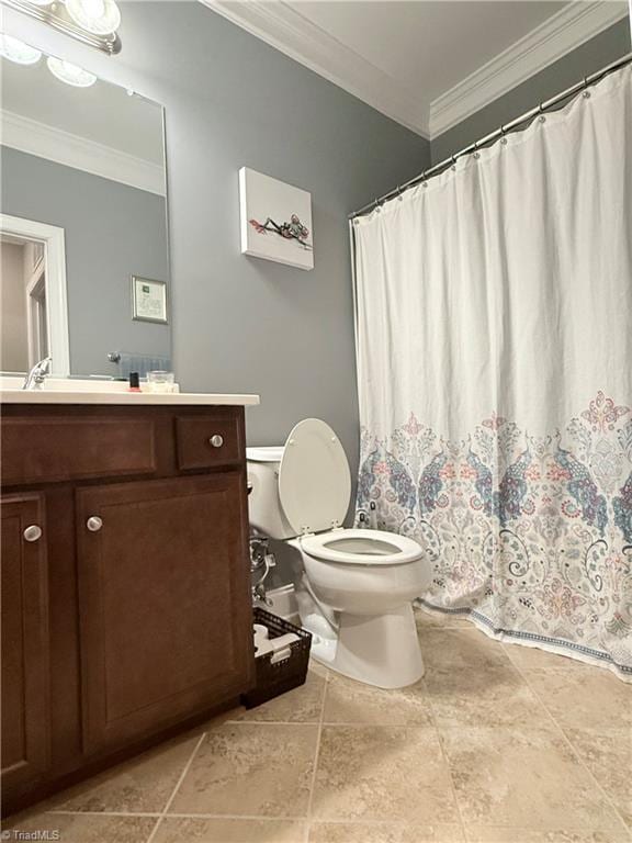 bathroom with vanity, a shower with shower curtain, toilet, and ornamental molding