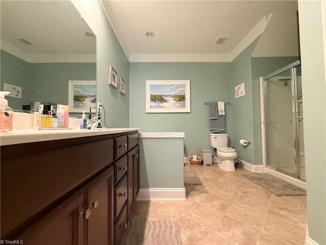 full bathroom featuring visible vents, toilet, a stall shower, and crown molding