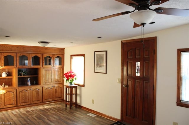 entrance foyer featuring dark hardwood / wood-style floors and ceiling fan