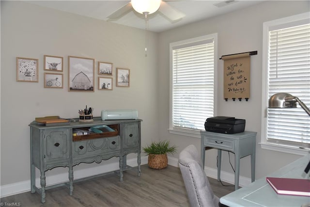 office area with visible vents, wood finished floors, baseboards, and ceiling fan