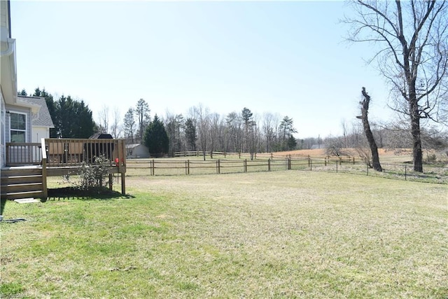 view of yard with a deck, a fenced backyard, and a rural view