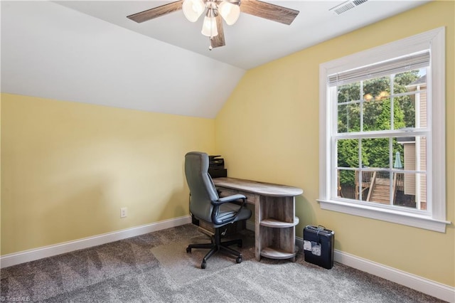 5360 Graycliff Ln, Clemmons, NC 27012 - office area featuring vaulted ceiling, carpet, and ceiling fan