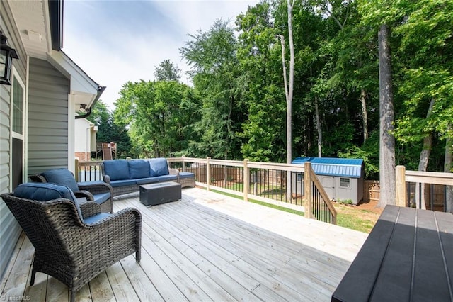 5360 Graycliff Ln, Clemmons, NC 27012 - wooden deck featuring an outdoor hangout area, a shed, and a fenced backyard