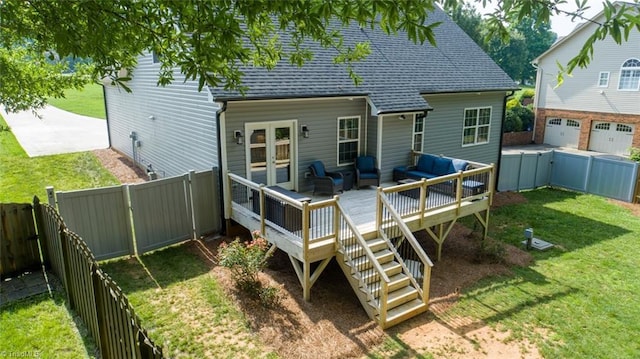 5360 Graycliff Ln, Clemmons, NC 27012 - back of property featuring a wooden deck, roof with shingles, an outdoor hangout area, french doors, and a gate