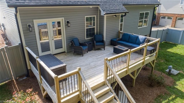 5360 Graycliff Ln, Clemmons, NC 27012 - deck with an outdoor hangout area, french doors, a fenced backyard, and stairway