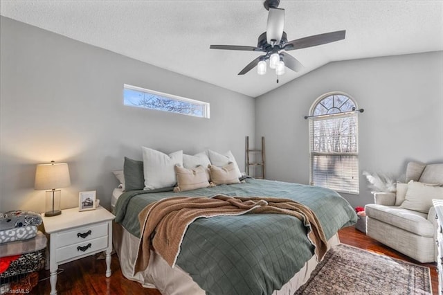 bedroom with dark wood finished floors, lofted ceiling, multiple windows, and a textured ceiling