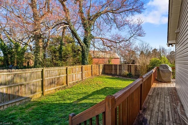 view of yard with a fenced backyard and a wooden deck