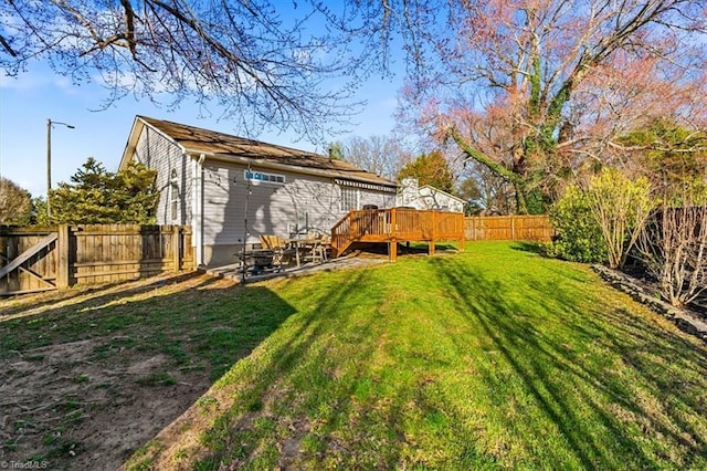 view of yard featuring a wooden deck and a fenced backyard