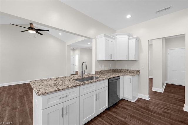 kitchen with white cabinets, a peninsula, a sink, visible vents, and dishwasher