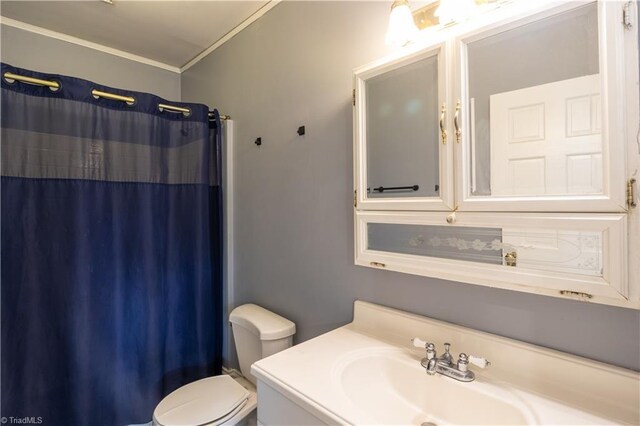 bathroom with vanity, crown molding, and toilet