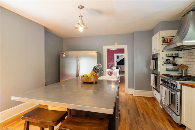 kitchen featuring stainless steel counters, tasteful backsplash, white cabinets, premium range hood, and premium appliances