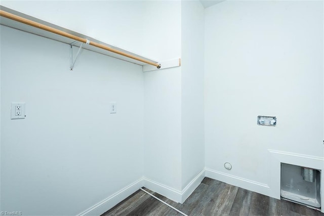 laundry area with laundry area, baseboards, hookup for a washing machine, and dark wood-style floors