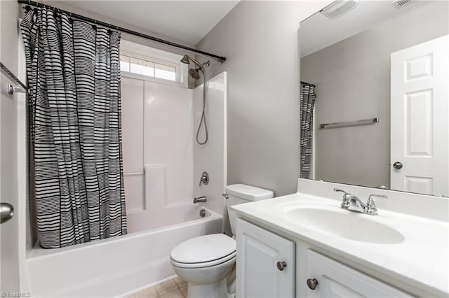 full bathroom with tile patterned floors, vanity, toilet, and shower / bathtub combination with curtain