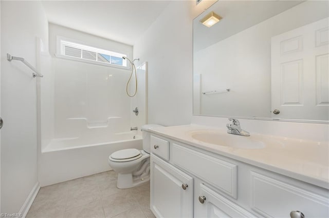 bathroom featuring vanity, tile patterned flooring, bathtub / shower combination, and toilet